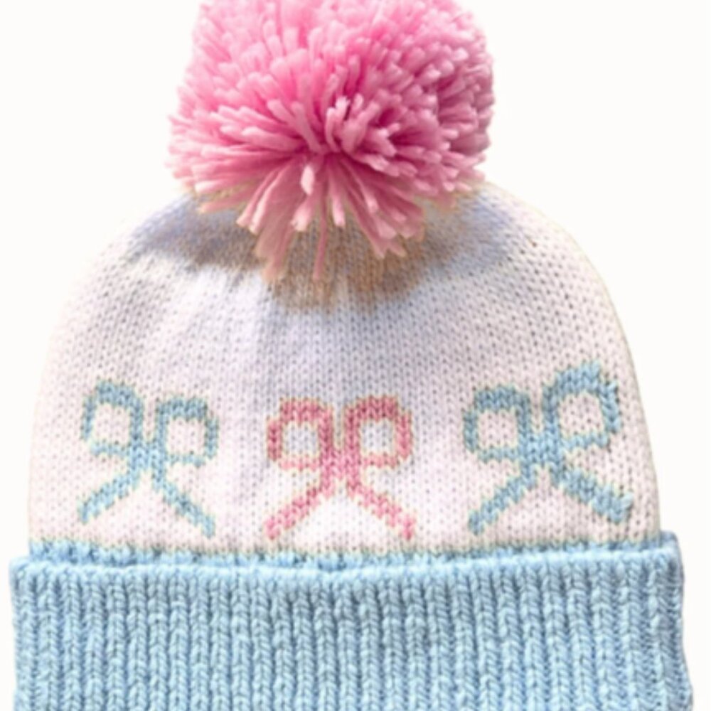 NEW Brianna Cannon Blue & Pink Knitted Bow Beanie
